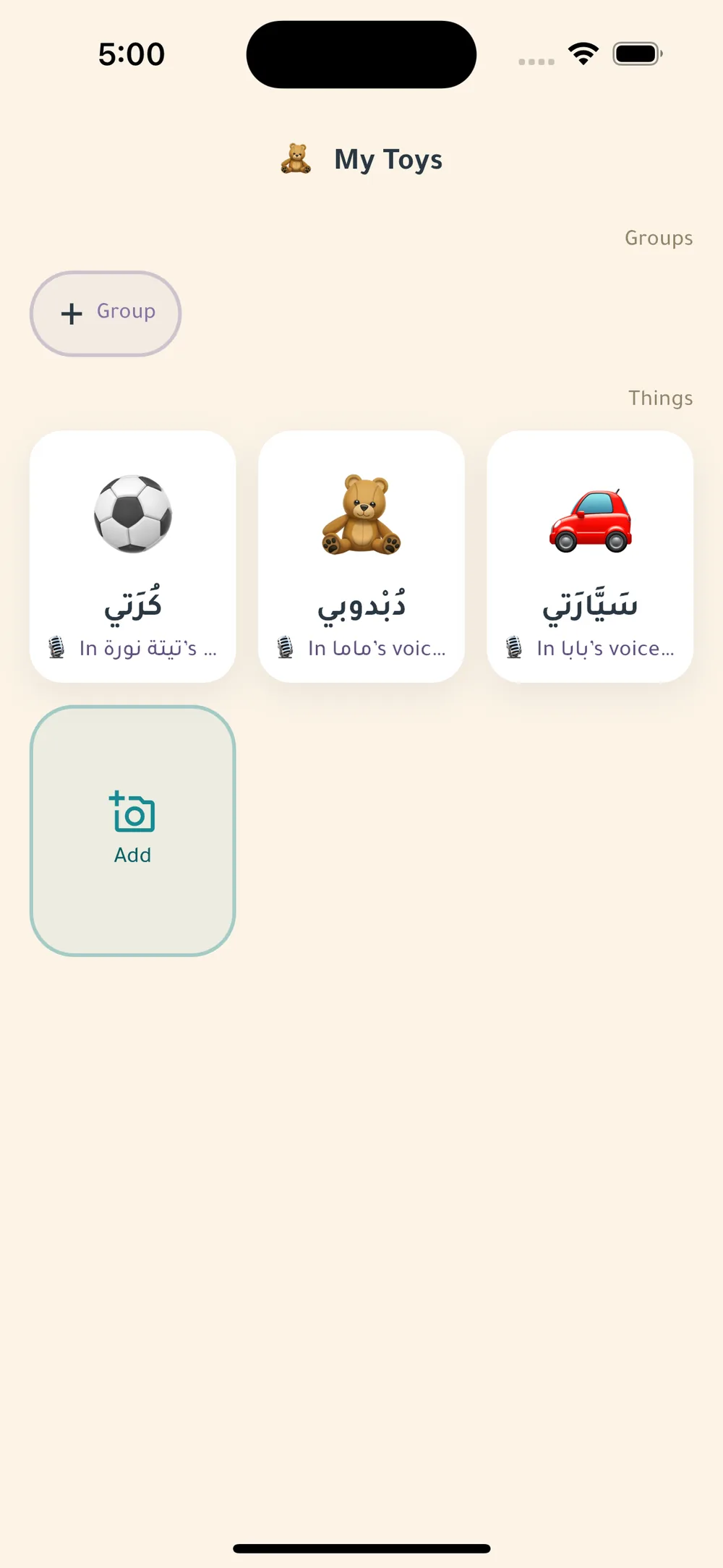 Cards of the child’s things in their family’s voices